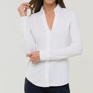 Anatomie Nikki Long Sleeve White Pique Shirt Button Front Stretch Jersey Medium